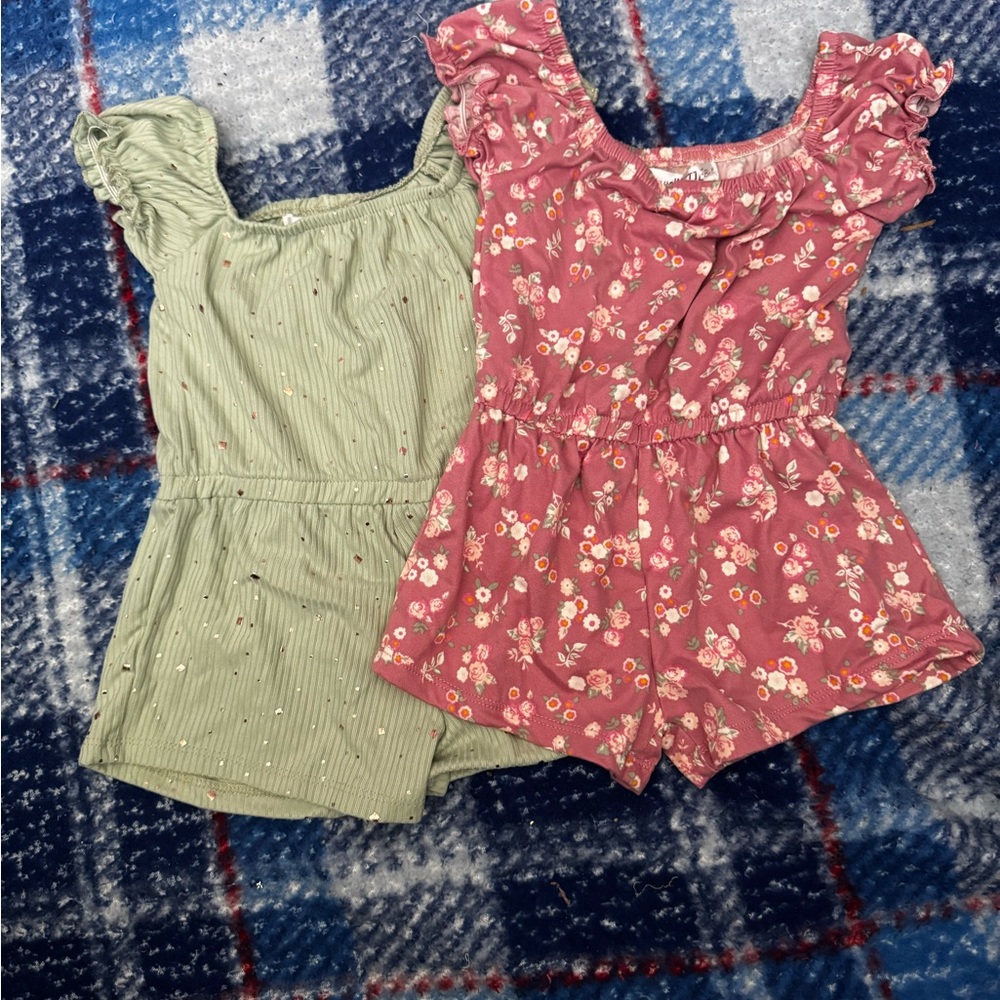 2/$10- Nannette Pink Floral Romper and Sage Green Stripe Romper Set